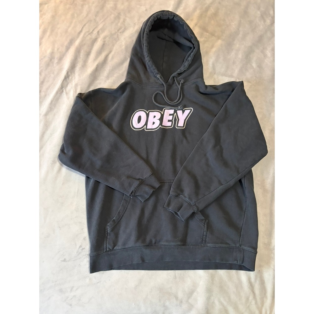 Obey Worldwide Mens Large Faded Black Pink Logo Pullover Hoodie Streetwear